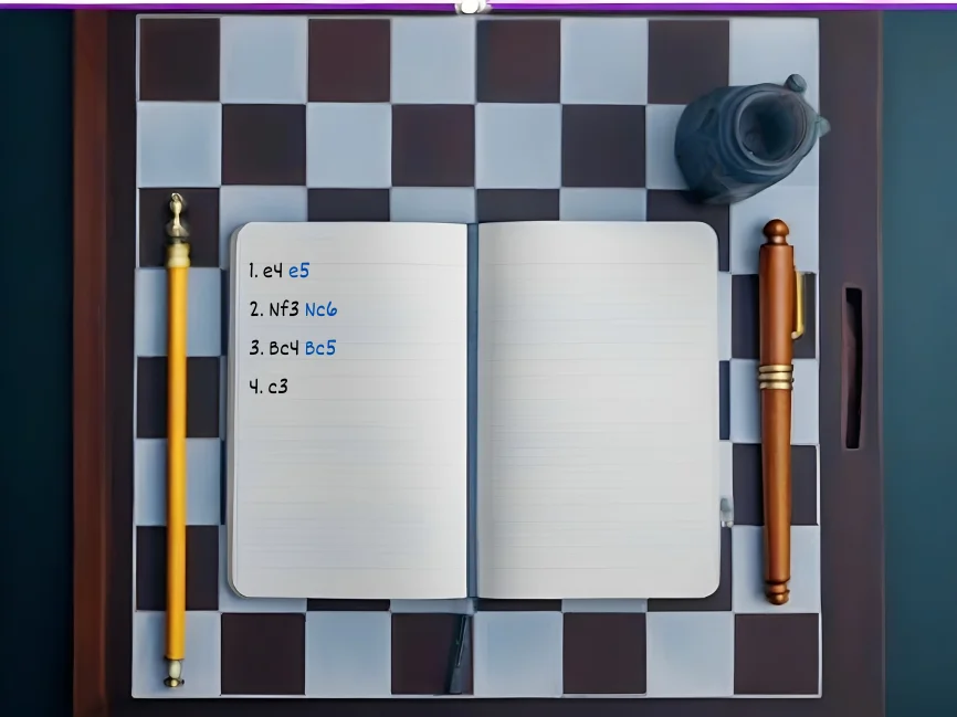 A small notebook for chess notation placed on top of a chessboard, with a pencil on its left and a pen on its right.