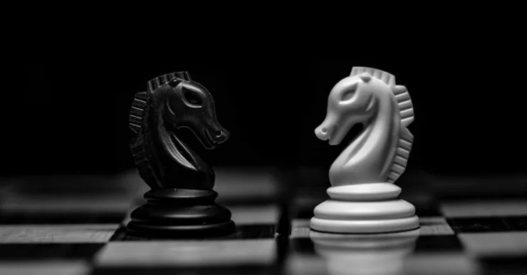Two chess pieces facing each other: A black knight vs a white knight.