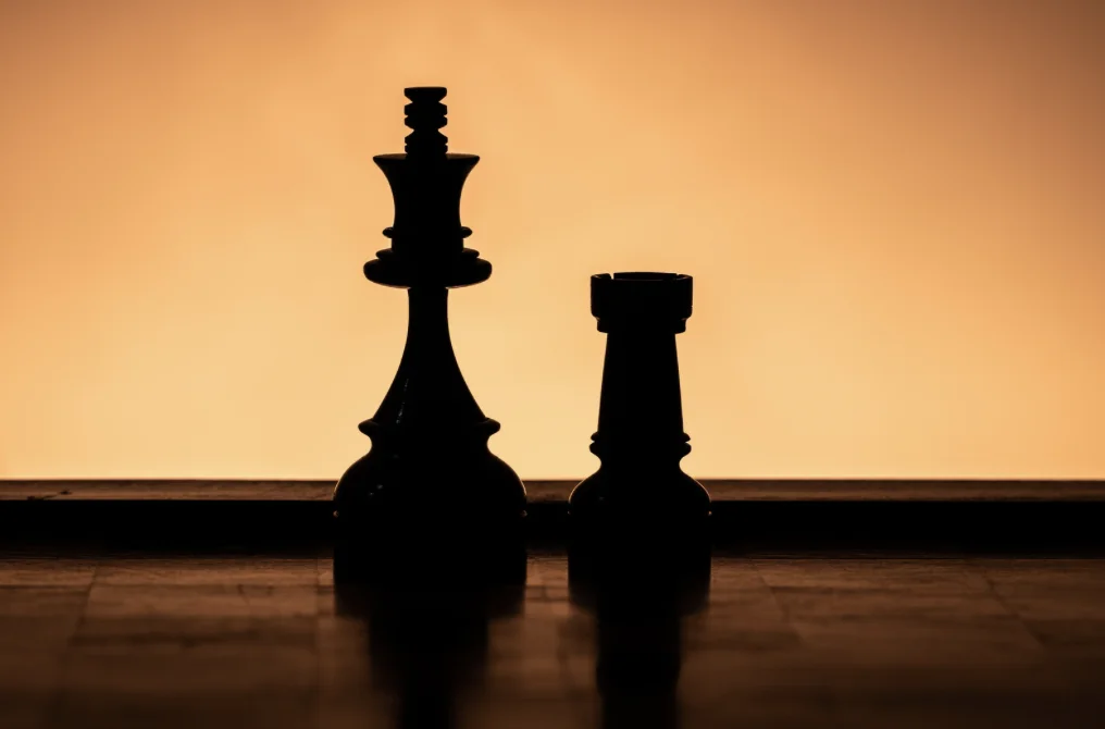 Two chess pieces: a king and a rook with a sunset in the background.