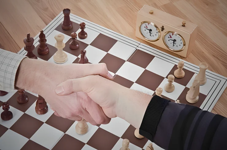 Two players shaking hands after a chess game.