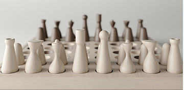 A minimalist chess set; the chess pieces have a sleek design.