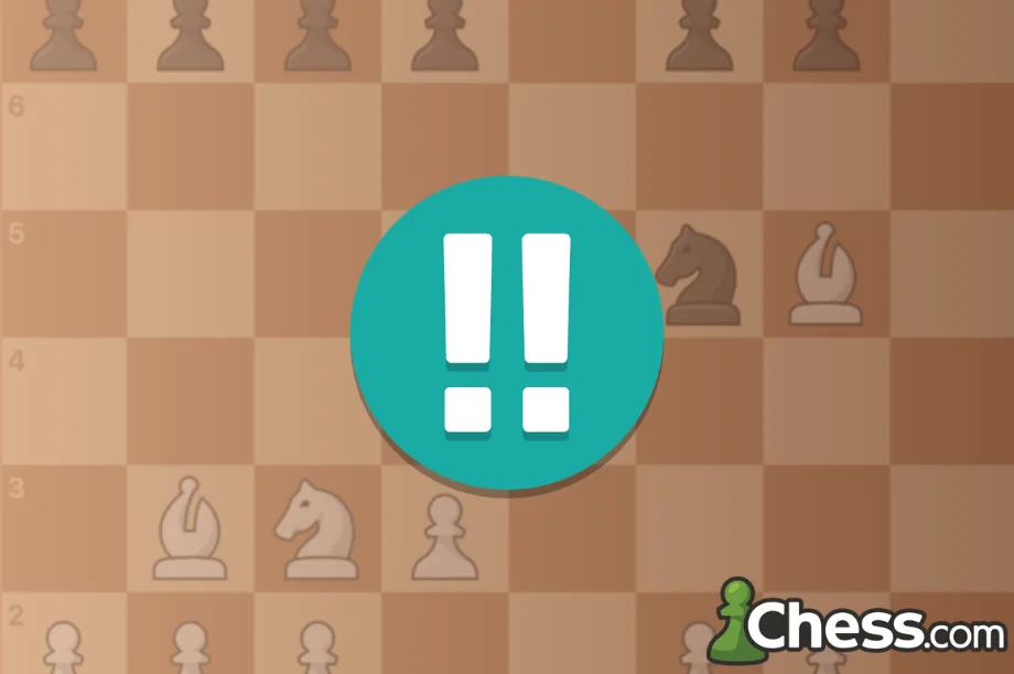 A big Chess.com "brilliant move" icon in the center of the chessboard.
