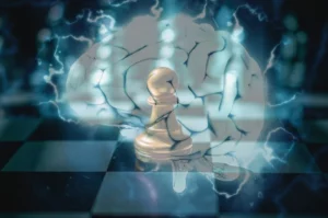 A golden pawn in the center of a chessboard, with a background of a brain with firing neurons suggesting chess addiction.