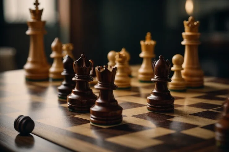 An elegant chess set with particular focus on the rook and bishop.