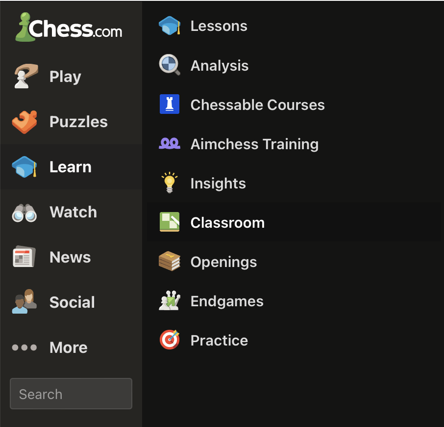 To play against yourself on Chess.com, hover over the Learn section and click on Classroom.