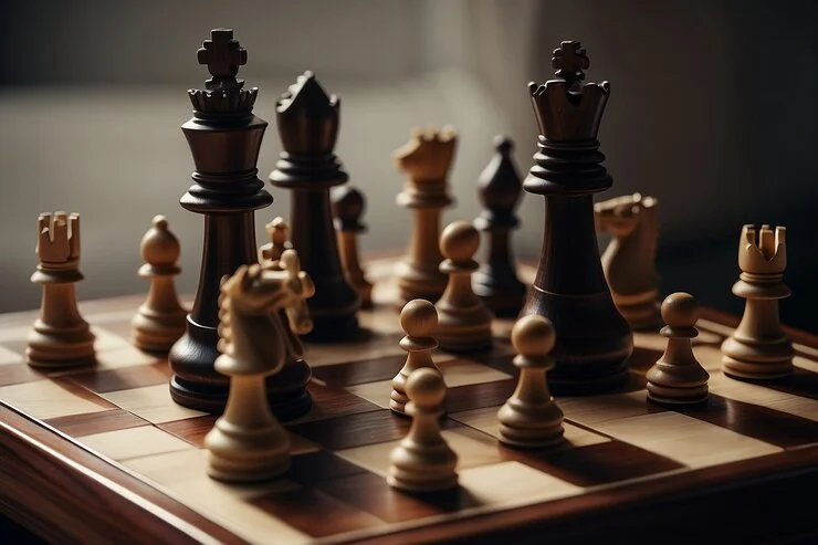 Side view of an elegant wooden chess set.