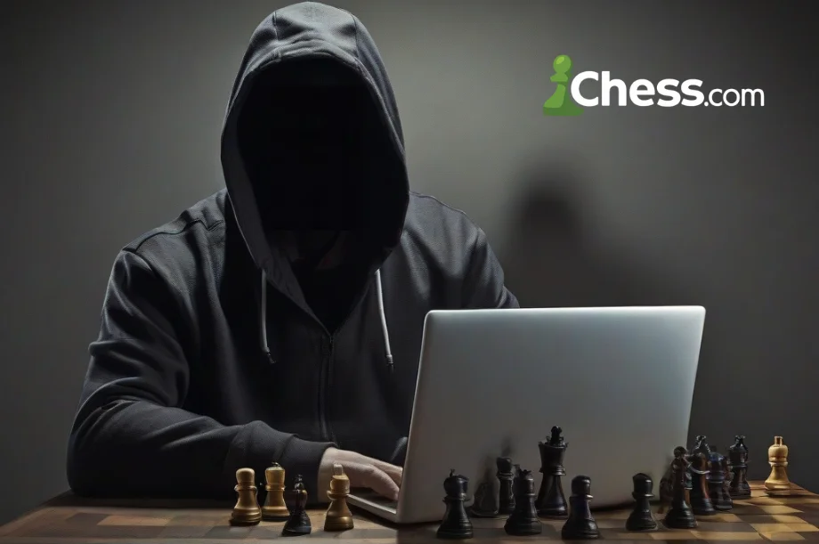 A shady-looking man in a hoodie playing online chess on a laptop.