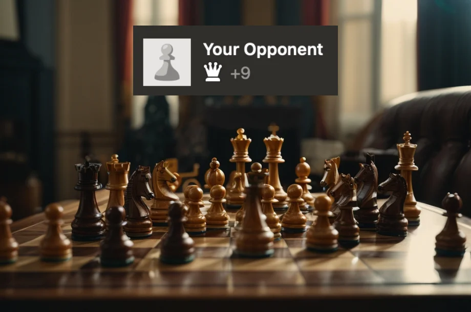 A chessboard on top of which is an image indicating that your opponent is up a queen.