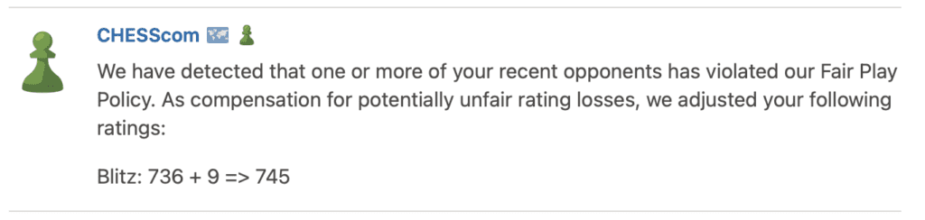 An example of Chess.com refunding rating points to a victim of cheating.