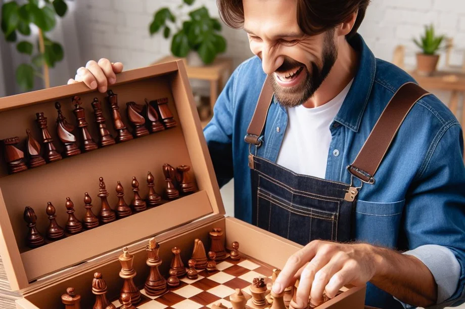 A chess player unboxing a new, elegant Staunton chess set that he's very happy to have purchased.