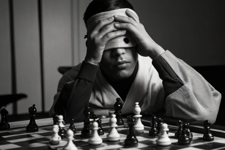 A man playing chess with a blindfold, trying to visualize a number of moves into the future.