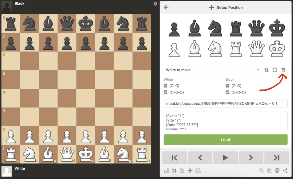 Click the trash icon to empty the chessboard and set it up as you wish.