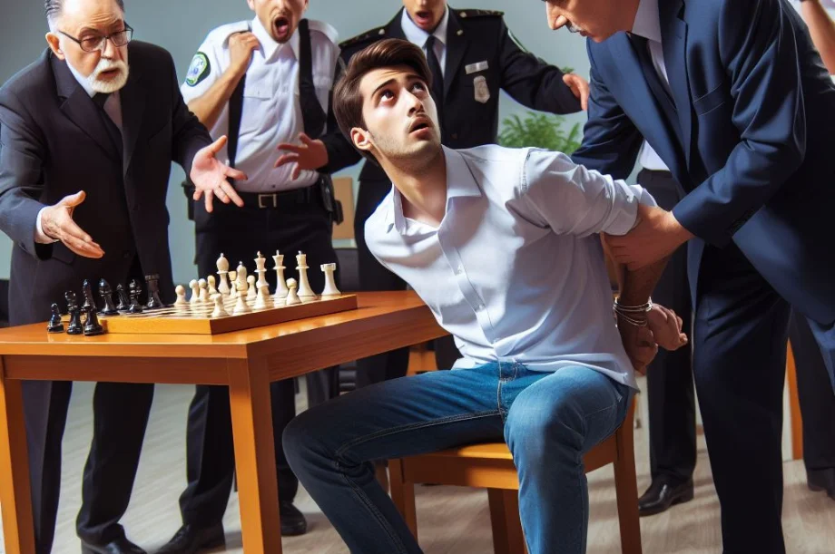 A chess player getting arrested after playing an illegal move in a chess tournament.